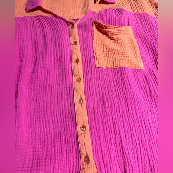 Fanco THE EMMA COLORBLOCK TOP Orange Pink Gauze Button Down Short Sleeve Barbie - Picture 6 of 6